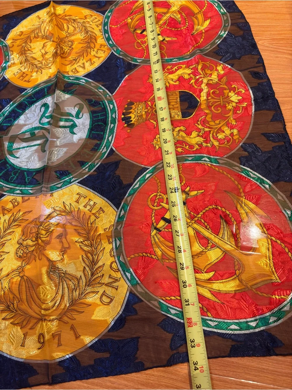 New Sunkyung SA Silk Scarf Queen Elizabeth 1971 Coin Anchor Nautical Red/Navy-34